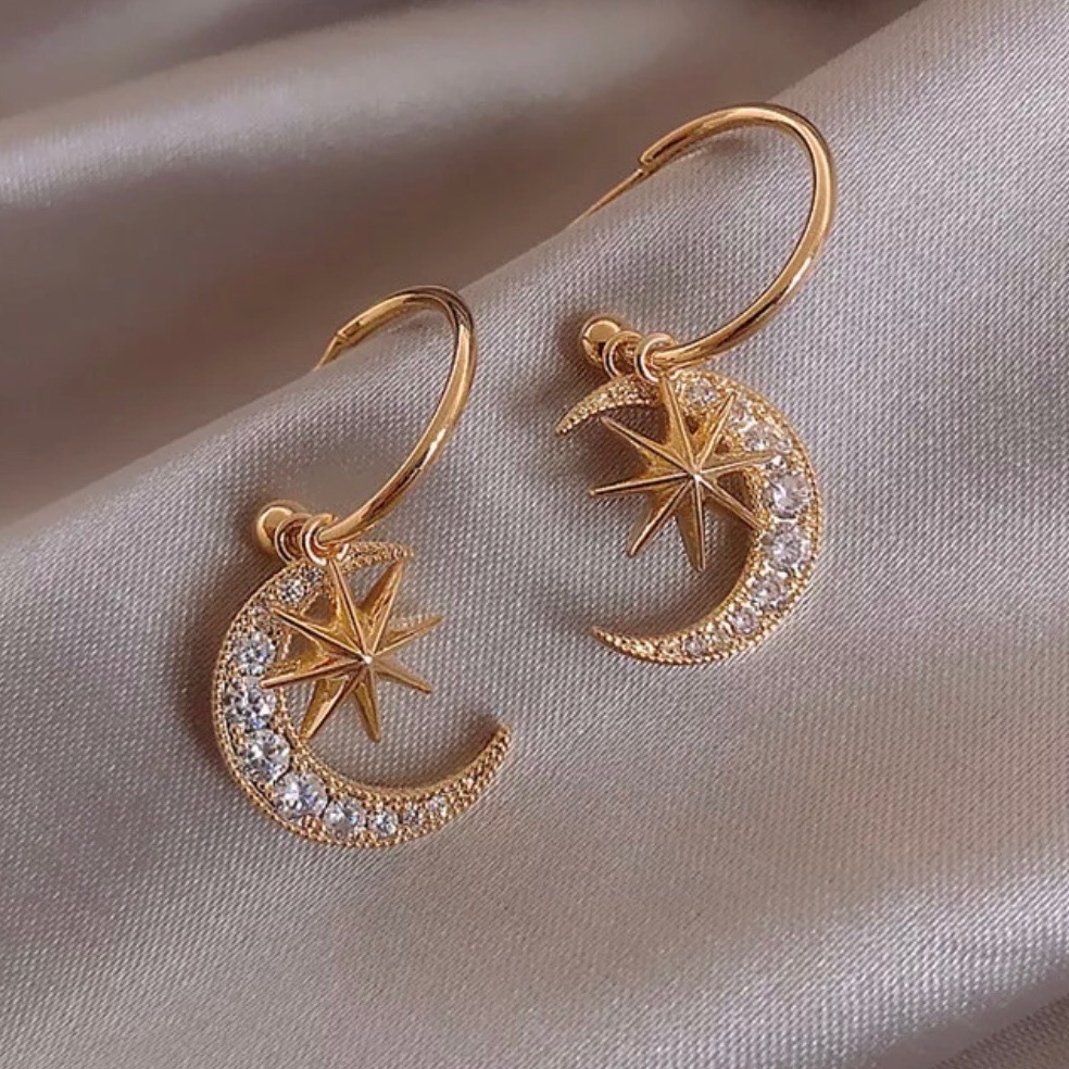 Gold Rhinestone Moon Star Dangle Earrings 36$